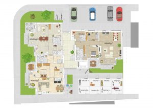 ingekleurde sfeer plattegrond huis nieuw woningbouw project Arwoude