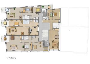 ingekleurde sfeer plattegrond - woningen 1ste verdieping